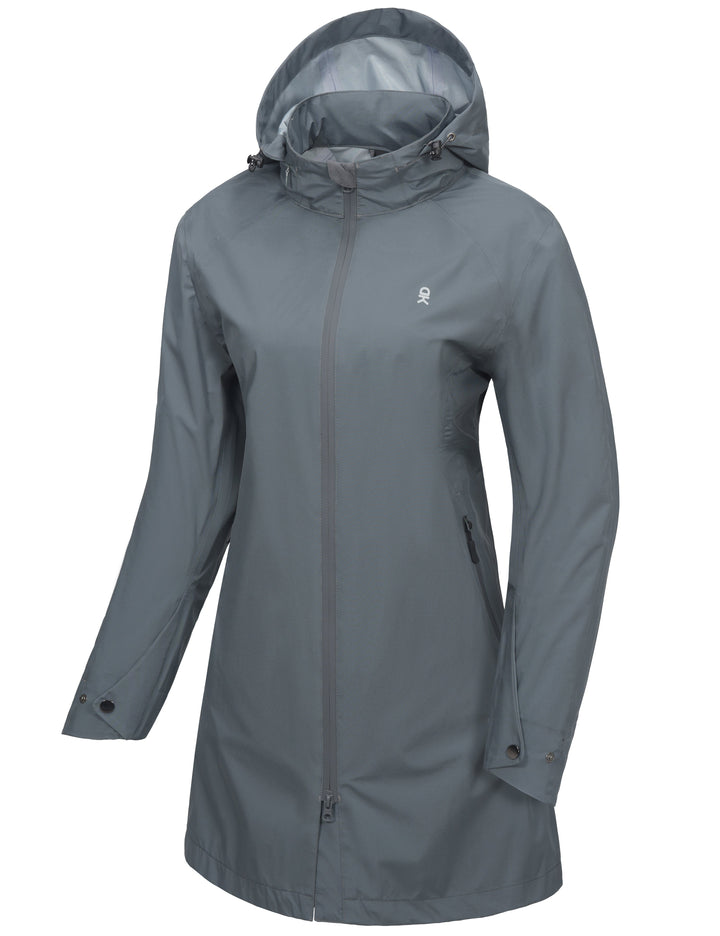 Women's Waterproof Mid-Length Rain Jacket with Hood Windbreaker Coat for Hiking Travel MP-US-DK