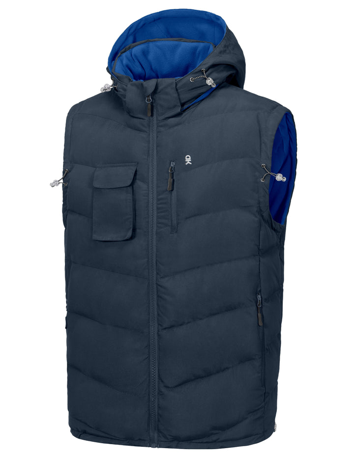 Men's Reversible Fleece Puffy Vest Warm Sleeveless Puffer Jacket with Removable Hood MP-US-DK