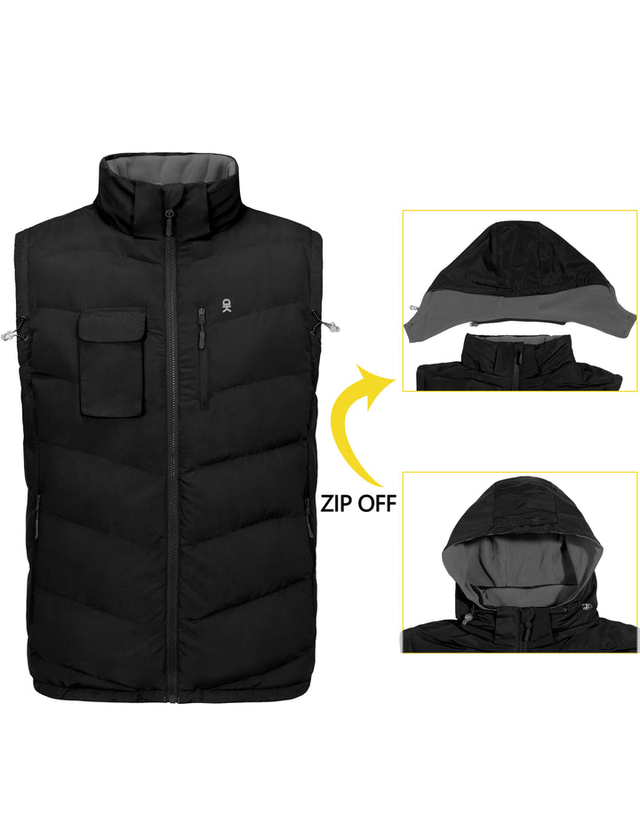 Men's Reversible Fleece Puffy Vest Warm Sleeveless Puffer Jacket with Removable Hood MP-US-DK