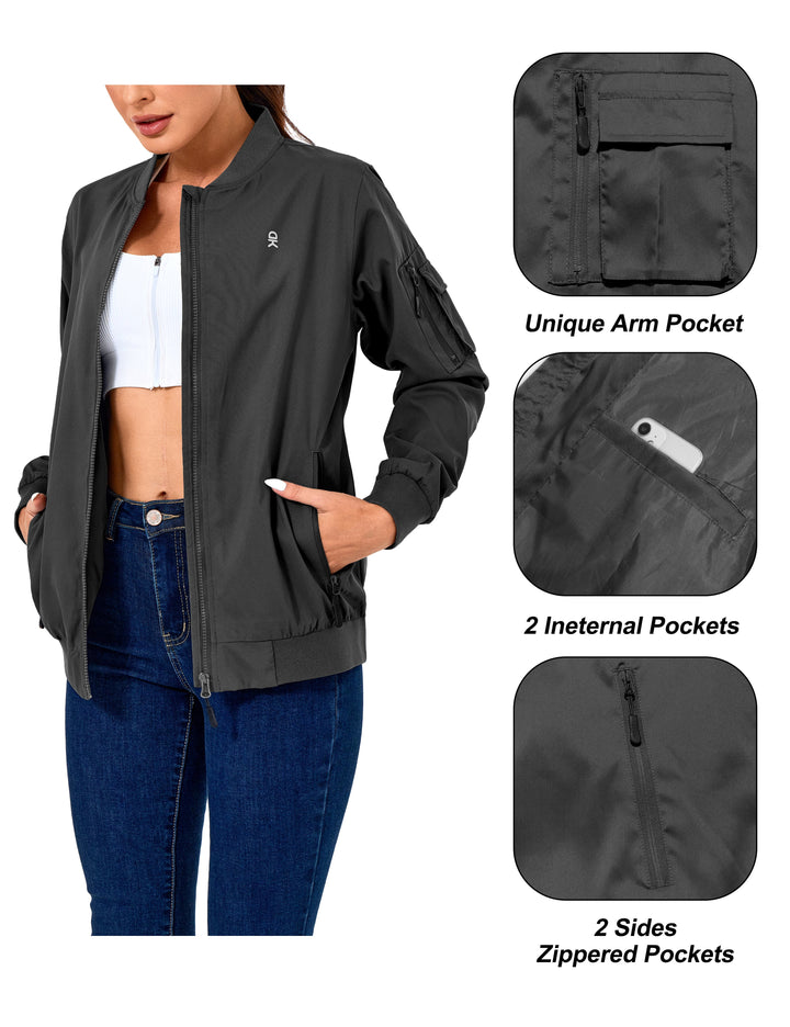 Women's  Lightweight Casual Windbreaker Zip Up with Pockets Bomber Jacket MP-US-DK