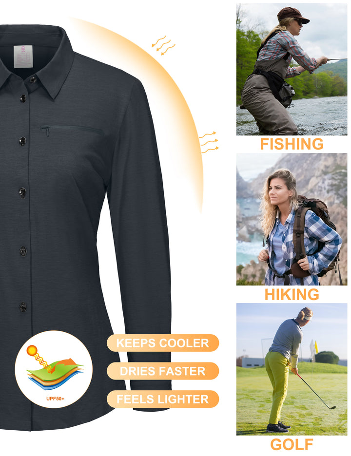 Women's UPF 50+ UV Protection Shirts, Long Sleeve Tops for Fishing, Hiking MP-US-DK