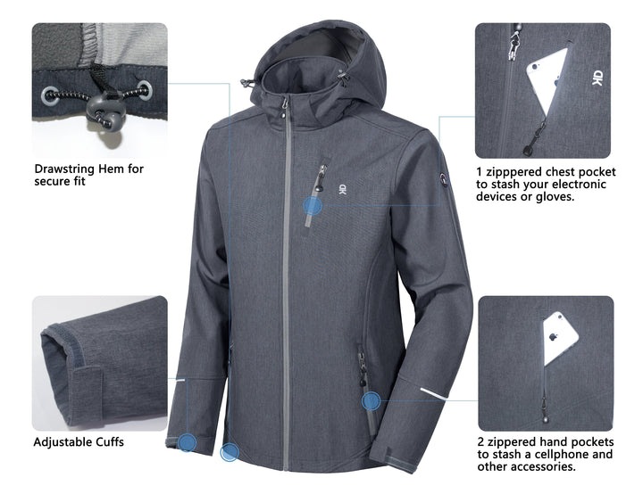 Men's Fleece Lined Softshell Ski Jacket with Removable Hood YZF US-DK