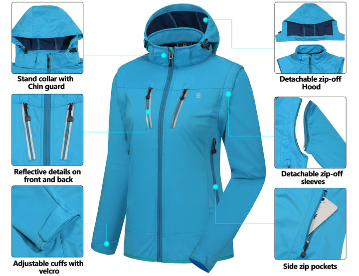 Women's Lightweight Softshell Hiking Jacket with Detachable Sleeves and Hood YZF US-DK